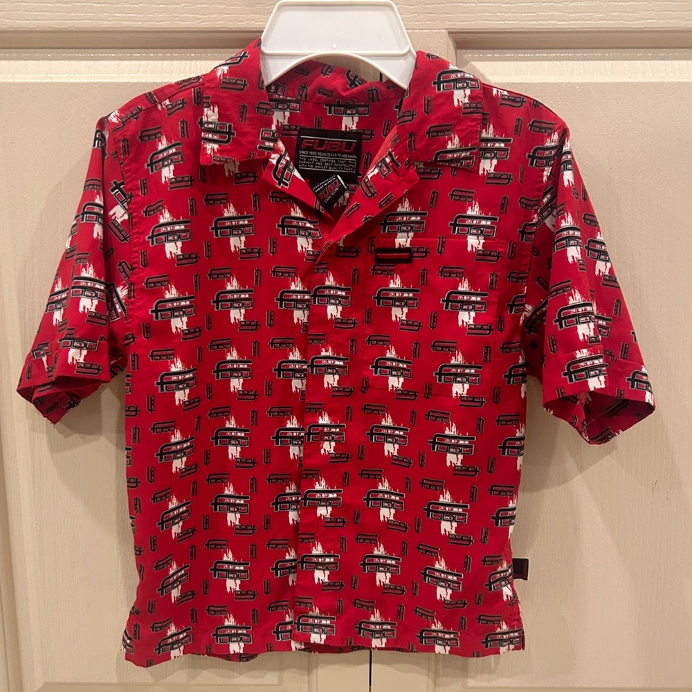 VTG FUBU Boys Red Black Graphic Print Short Sleeve Button Up • Size 5 •